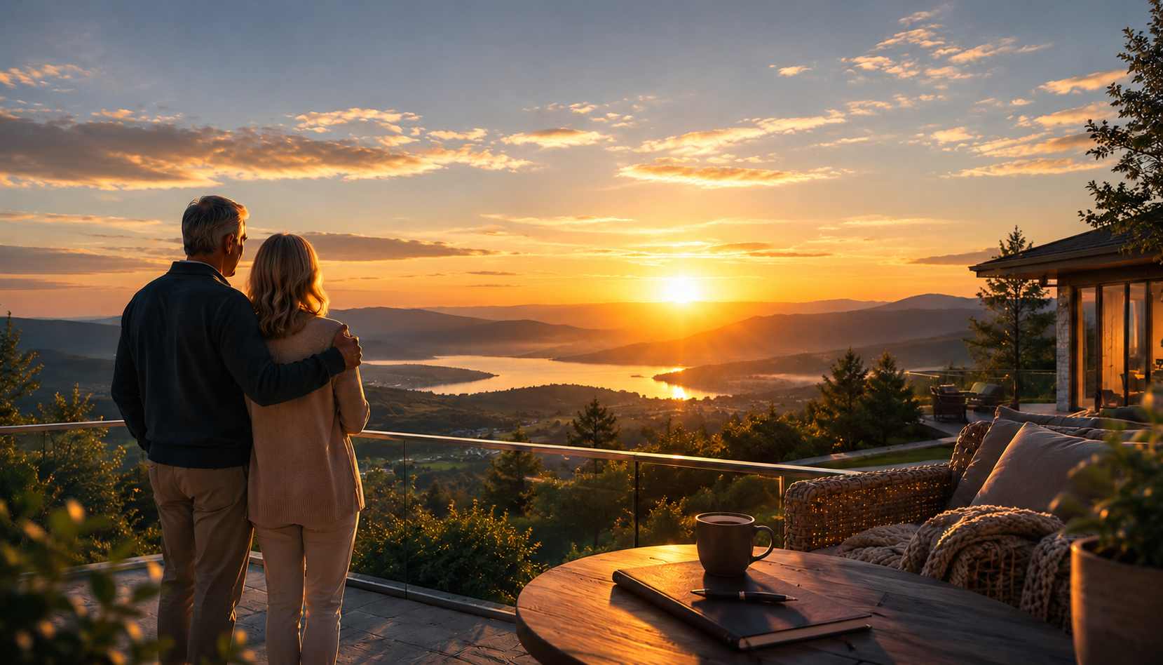 Couple enjoying a peaceful sunset view over a mountain lake